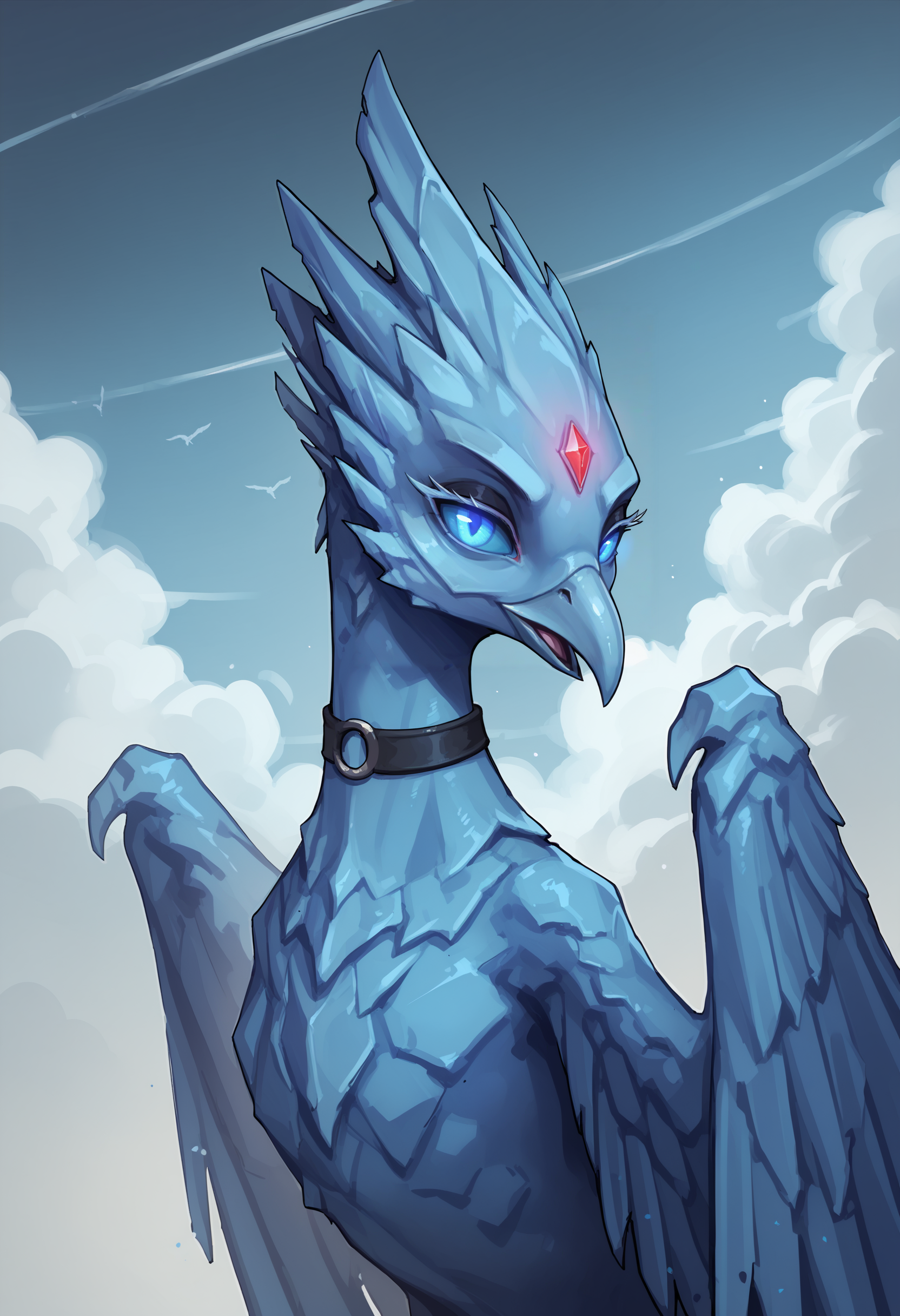 score_9, score_8_up, score_7_up, score_6_up, score_5_up, score_4_up, 1girl, <lora:Anivia:0.85> solo, no humans, bird, colored skin, blue skin, wings, feral, forehead gem, blue eyes, colored sclera, blue sclera, glowing eyes, upper body, standing, choker, long eyelashes, black eyeshadow, eyes half closed, 
sky, clouds,