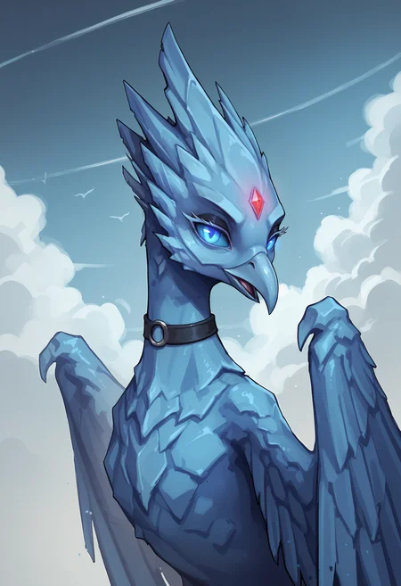 score_9, score_8_up, score_7_up, score_6_up, score_5_up, score_4_up, 1girl, <lora:Anivia:0.85> solo, no humans, bird, colored skin, blue skin, wings, feral, forehead gem, blue eyes, colored sclera, blue sclera, glowing eyes, upper body, standing, choker, long eyelashes, black eyeshadow, eyes half closed,
sky, clouds,