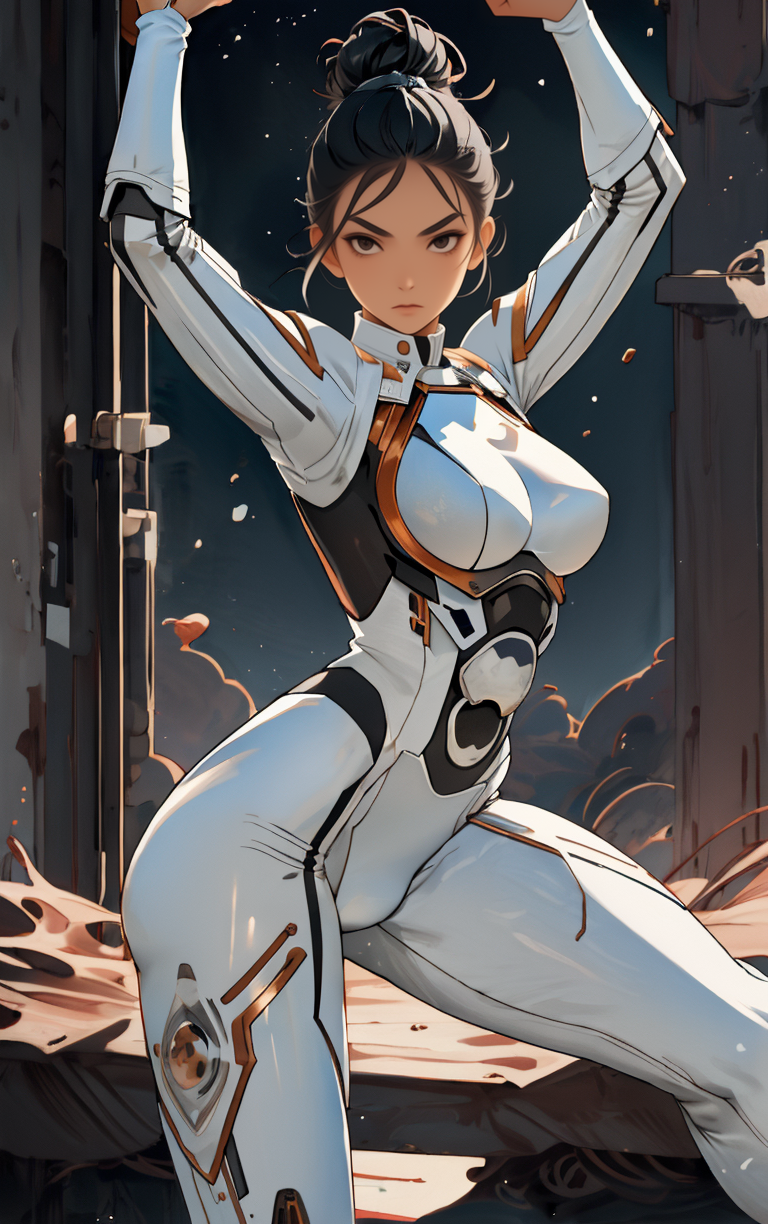 ((masterpiece, best quality)),  solo, looking at viewer, amazon_woman whit black hair wearing spacesuit, long hair, "Doubtful expression", "Messy bun hairstyle" hair, "Reaching up as if stretching" pose , skin tight,  depth of field, light particles,
 <lora:GoodHands-beta2:1>,
<lora:BrazilianWomanAmazon_V1.0:1>,
<lora:muscle_slider_v1:2>,
<lora:weight_slider_v2:-1>,
<lora:hair_length_slider_v1:1>,
 <lora:spacesuitV1.0:0.6>,
 <lora:wuxia2:0.6>,
 <lora:Background_Detail_v3:1>,
<lora:IvoryGoldAIv2:0.7>