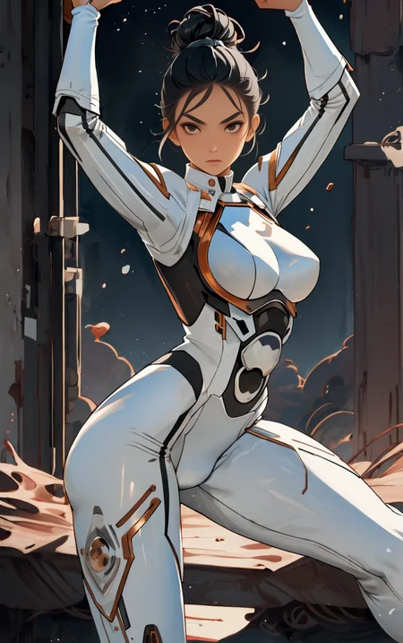 ((masterpiece, best quality)), solo, looking at viewer, amazon_woman whit black hair wearing spacesuit, long hair, "Doubtful expression", "Messy bun hairstyle" hair, "Reaching up as if stretching" pose , skin tight, depth of field, light particles,
<lora:GoodHands-beta2:1>,
<lora:BrazilianWomanAmazon_V1.0:1>,
<lora:muscle_slider_v1:2>,
<lora:weight_slider_v2:-1>,
<lora:hair_length_slider_v1:1>,
<lora:spacesuitV1.0:0.6>,
<lora:wuxia2:0.6>,
<lora:Background_Detail_v3:1>,
<lora:IvoryGoldAIv2:0.7>