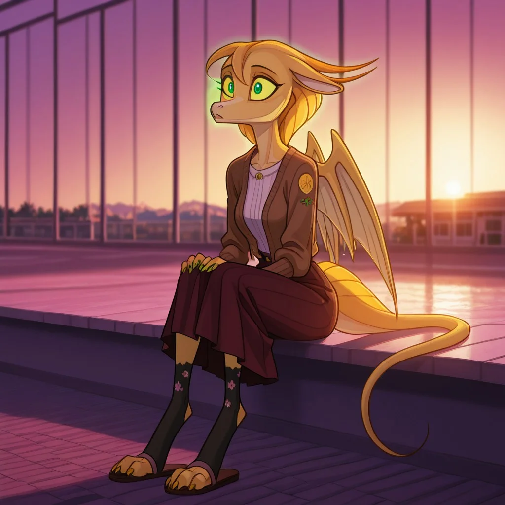 Tia, 1girl,solo,wings,colored sclera,green eyes,furry female,animal nose,yellow fur,animal feet,tail,
absolutely eye-catching, anime character, enabler relationship management, newest, depth of field, vhs tape aesthetic, graceful body, fitted cardigan, ephemeral, Sitting with knees pointed outward, Midi skirt, Rule of thirds, amazing quality, magic glowing aura, wellness restoration, ultra-detailed, underlying cause therapy, Maroon Theme, recovery community building, sheer floral pattern crew socks, absurdres, healthy channeling training, relapse prevention planning, sandals, calming supportive lighting, Dawn / Early Morning Light, long_nails, best quality, afternoon, very aesthetic, HDR, magical addiction rehabilitation center, ambient occlusion, power withdrawal treatment
