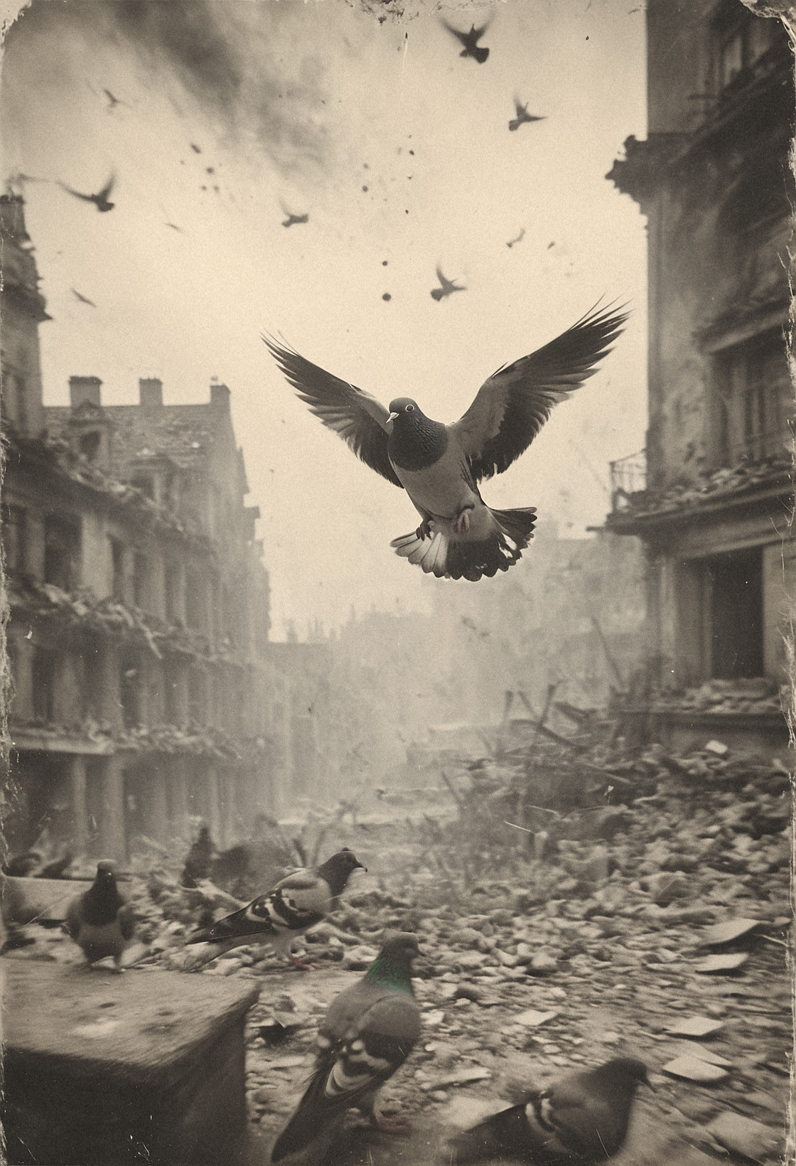 B&W 35mm vintage photo of a pigeon flying in a WW2 picture, destroyed city backdrop <lora:Vintage_Street_Photo:1>, (motion blur:1.3)