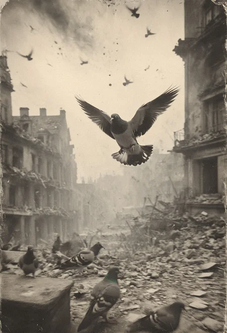 B&W 35mm vintage photo of a pigeon flying in a WW2 picture, destroyed city backdrop <lora:Vintage_Street_Photo:1>, (motion blur:1.3)