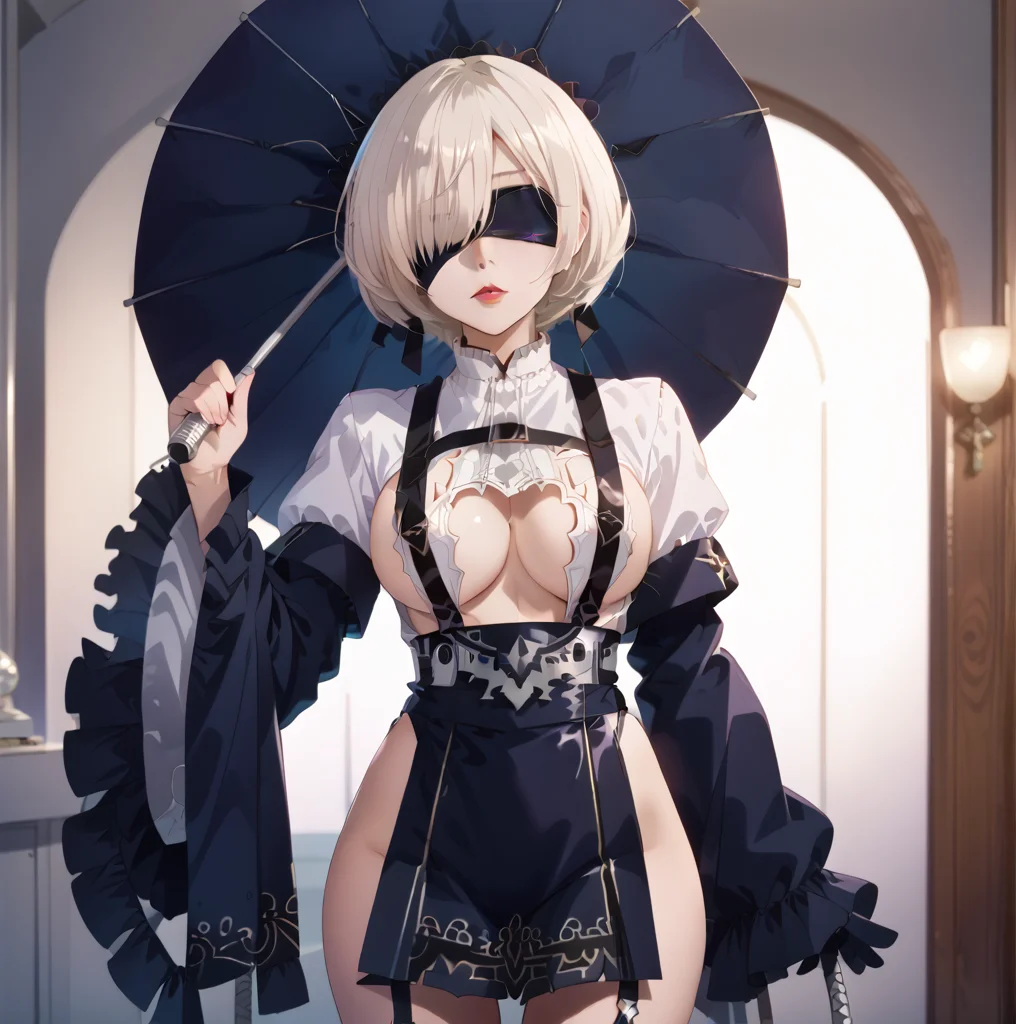 score_9, score_8_up, score_7_up, best quality, masterpiece, source_anime, rating_safe , zPDXL2, BREAK, 1girl, large breast, hair over one eye,blindfold<lora:yorha2b10outfit:1>,yorha2b, 2bofficer, Pretending to hold a large umbrella,<lora:AmaiAnimePony:1> cowboy shot