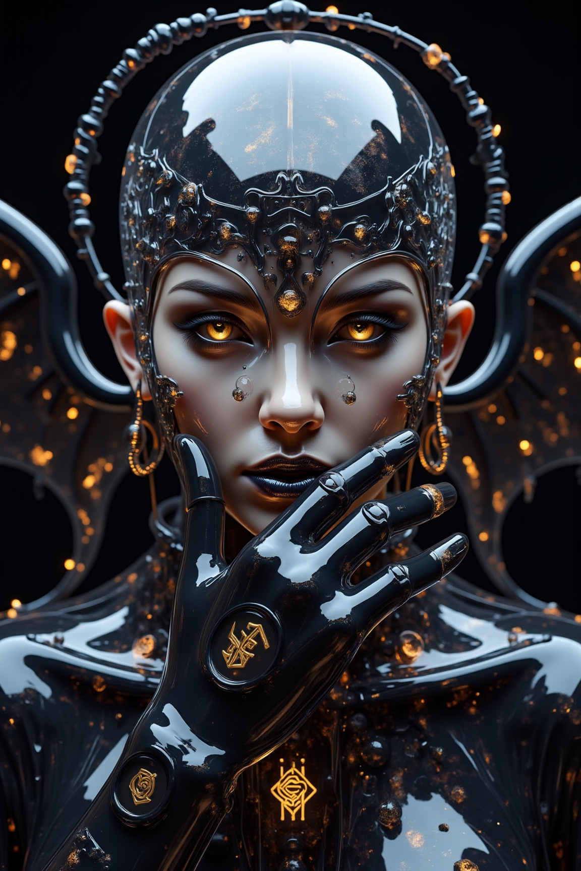 Acrylic, Translucent style, (Amazing transcendental dream:3.5). The scene depicts a seraphic figure, her face partially hidden behind a gloved hand covered in smooth, raven-black leather. Her sharp features, etched with elegance, are accentuated by the faintest flicker of silver light across her lips. Her eyes, glowing with molten gold, are piercing and unblinking, as if they are capable of burning through reality itself. The fingers of her gloved hand are tipped with obsidian-like talons, each glinting in the dim light. Faint symbols swirl beneath the leather, as if alive with hidden energy. At her throat, a blackened halo pendant glows dimly, casting light onto the smooth, metallic armor woven into her midnight gown. The dark shadows behind her shift constantly, as though alive, and faint wings made of shadow and flame flicker at her back. (maximum ultra high definition image quality and rendering:3), maximum image detail, maximum realistic render, (((ultra realist style))), realist side lighting, 8K high definition, realist soft lighting, (amazing special effect:3.5).