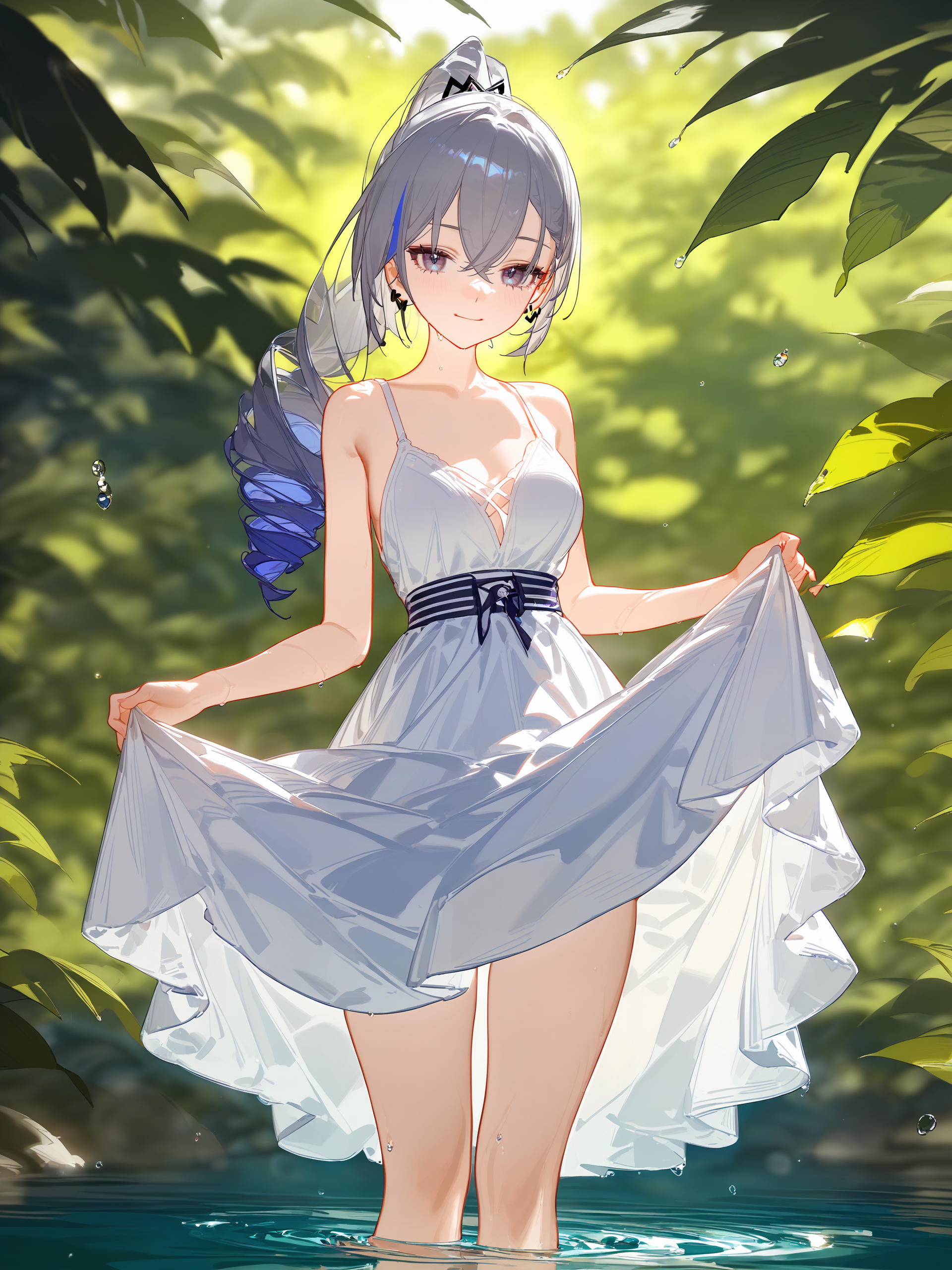 1girl, silver wolf \(honkai: star rail\), drill ponytail, sundress, white dress, sleeveless dress, bare legs, stream, wading, (skirt hold, curtsey: 1.2), looking at viewer, light smile, forest, depth of field <lora:Char-HonkaiSR-SilverWolf-V4-SDXL:0.9>, illustration, incredibly absurdres, ultra detailed, masterpiece, best quality, perfect features, intricate details, ray tracing, very aesthetic, (hitenkei, askzy:0.4), [<lora:XL-detailed_notrigger:0.95>::0.5], [:<lora:XL-aesthetic_anime:1.2>:0.5],