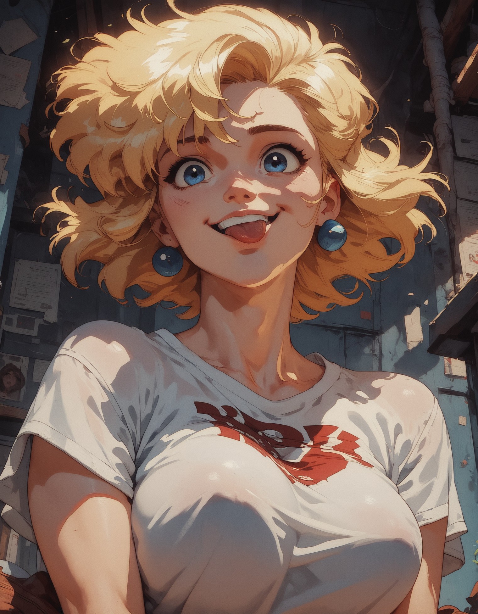 score_9, score_8_up, score_7_up,  1girl, cute, excited, white skin, blue eyes, seductive look, white t-shirt, large breasts, blonde hair, short hair, smile, tongue out, cheeky  <lora:pony/twilight_style:0.8> concept art, realistic <lora:pony/expressiveh:0.8> expressiveh, <lora:pony/kenva:0.8> knva, halftone effect, retro artstyle