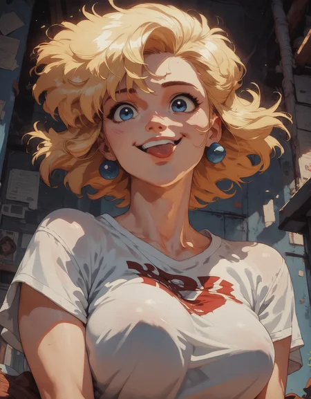 score_9, score_8_up, score_7_up,  1girl, cute, excited, white skin, blue eyes, seductive look, white t-shirt, large breasts, blonde hair, short hair, smile, tongue out, cheeky  <lora:pony/twilight_style:0.8> concept art, realistic <lora:pony/expressiveh:0.8> expressiveh, <lora:pony/kenva:0.8> knva, halftone effect, retro artstyle