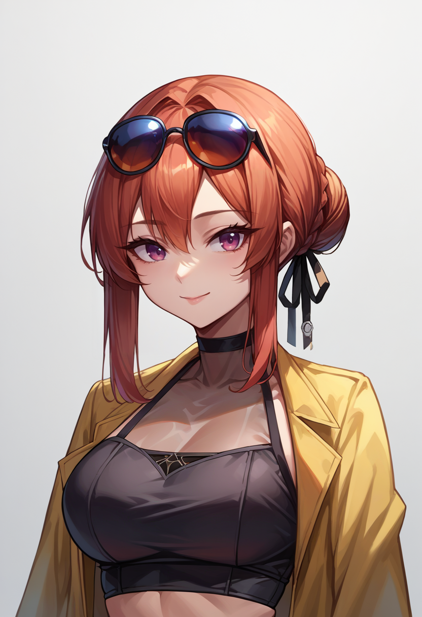 score_9, score_8_up, source_anime, 1girl, solo, MonarchAL, hair bun, sidelocks, black hair ribbon, black shirt, upper body, eyewear on head, sunglasses, grey pants, midriff, see-through cleavage, yellow jacket, black choker, smile, simple background, white background, <lora:ChamMonarchPonyXL:1>