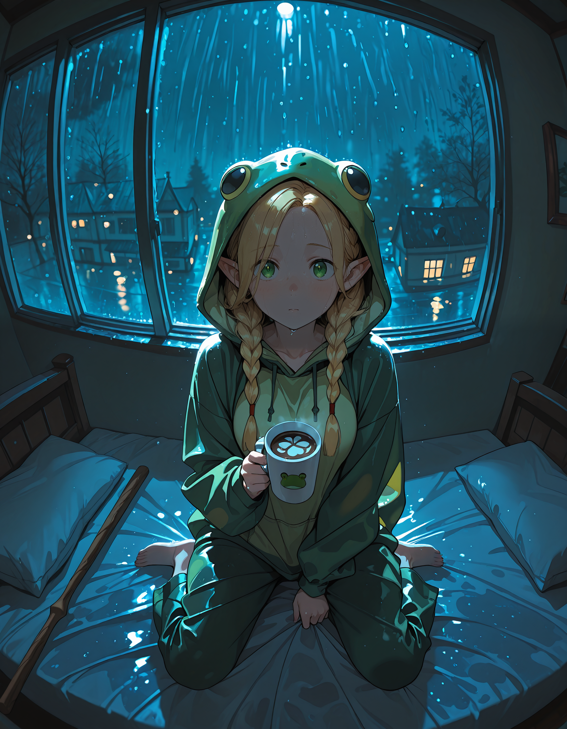 re4lity_sync_illu,
1girl, marcille donato, on bed,green eyes,  holding coffee, frog hoodie, window, condensation, soft_lighting, rainy outdoors,night,light particles,bokken,wariza, depth of field, dim lighting , good composition, 
,masterpiece,best quality,absurdres,incredibly absurdres, <lora:re4lity:1>,fisheye,