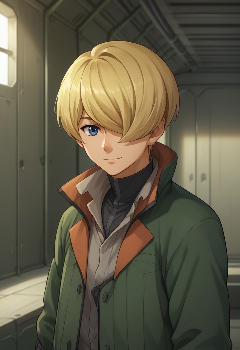 score_9, score_8_up, score_7_up, source_anime, highly detailed, 
yamagi, 1boy, solo, blonde hair, male focus, blue eyes, hair over one eye, gloves, upper body, pants, green jacket, light smile
indoor, hangar,