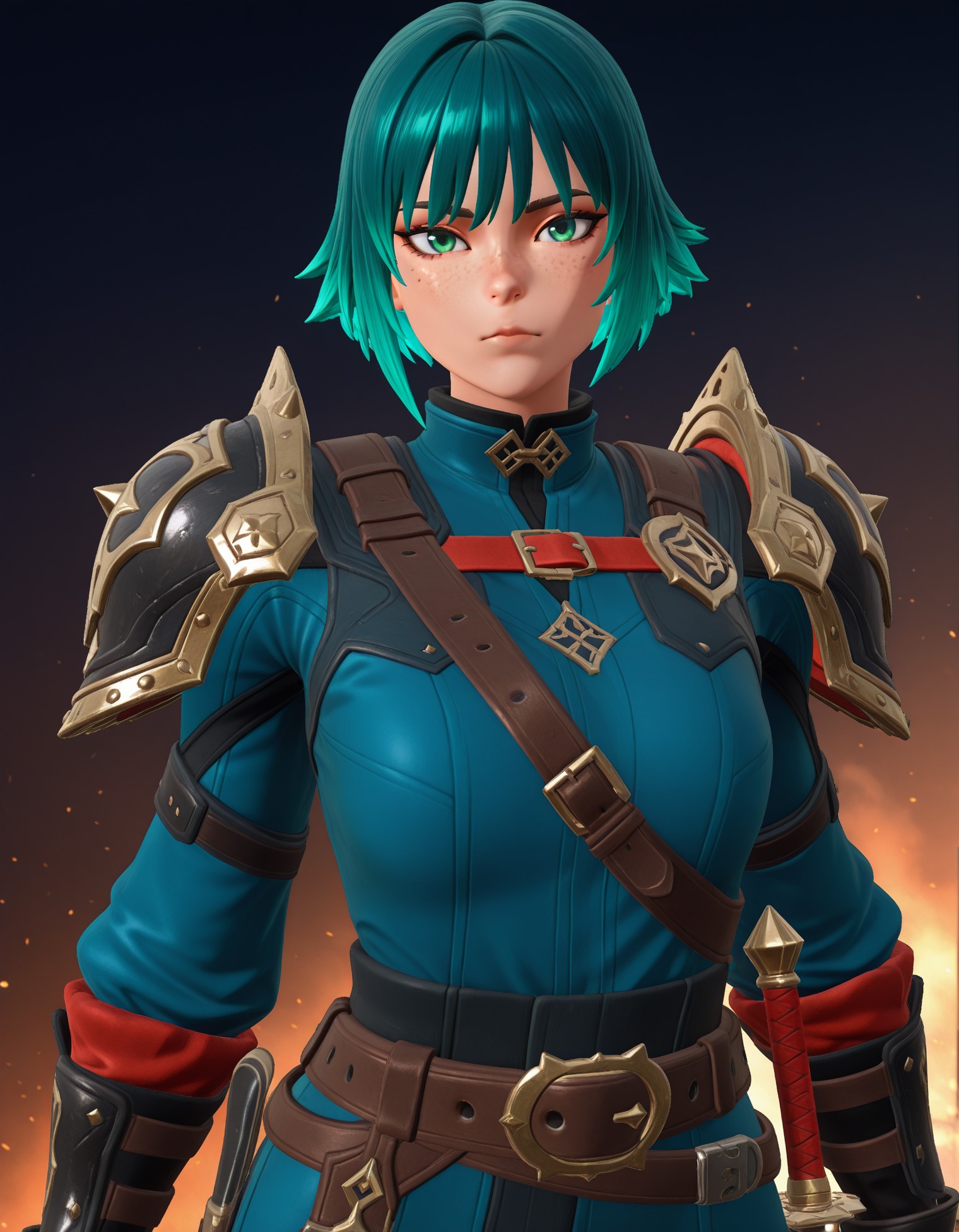 masterpiece, best quality, very aesthetic, absurdres, safe, best quality, very aesthetic, absurdres, newest, highest quality, 1girl, solo, looking at viewer, short hair, bangs, gloves, closed mouth, green eyes, upper body, weapon, green hair, black gloves, belt, fingerless gloves, armor, shoulder armor, freckles, pauldrons, [detailed face], [detailed eyes], 3D, Fni9 Style, <lora:7c0ca9fe-024e-4944-9ca7-779618db8079:0.9>
