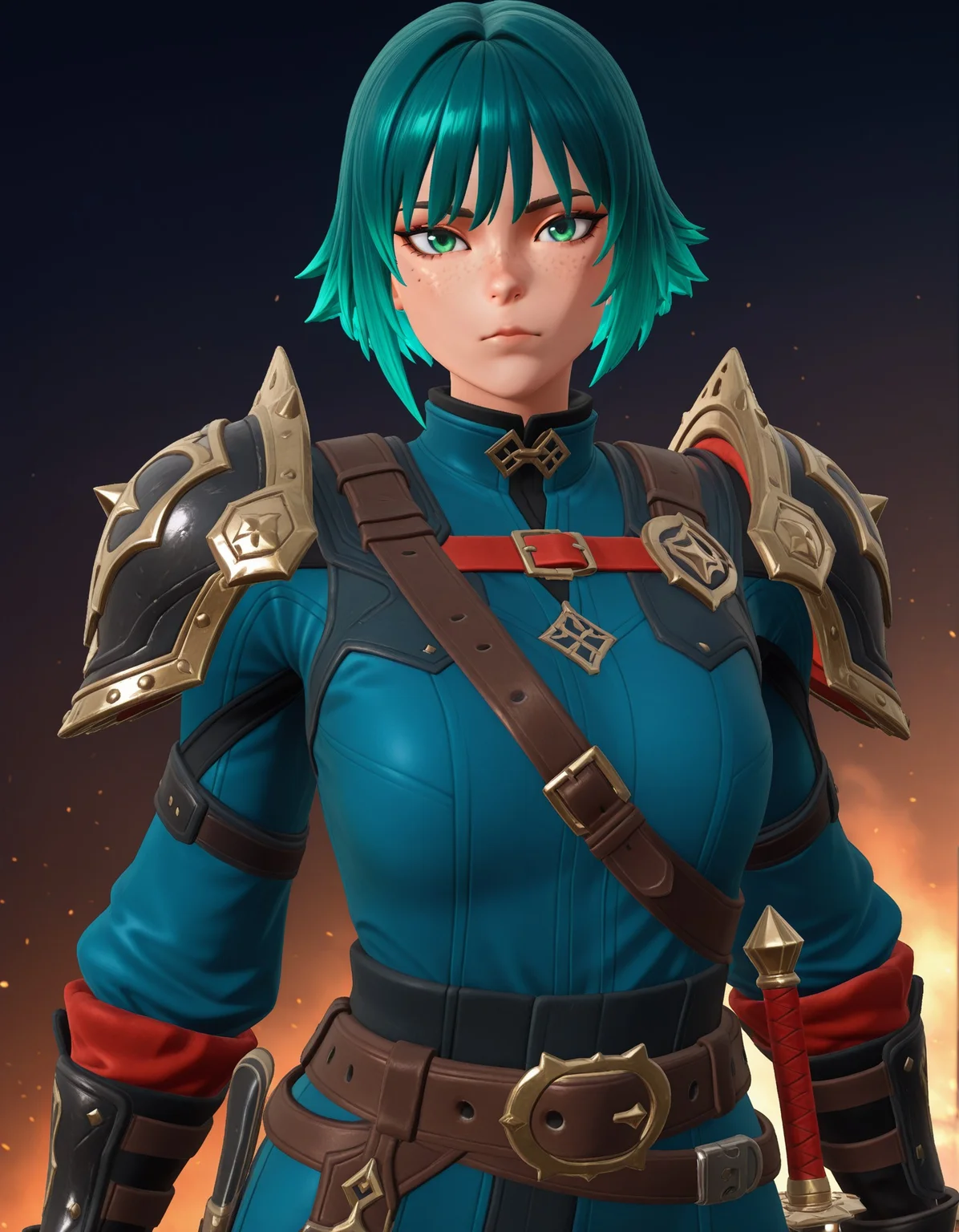 masterpiece, best quality, very aesthetic, absurdres, safe, best quality, very aesthetic, absurdres, newest, highest quality, 1girl, solo, looking at viewer, short hair, bangs, gloves, closed mouth, green eyes, upper body, weapon, green hair, black gloves, belt, fingerless gloves, armor, shoulder armor, freckles, pauldrons, [detailed face], [detailed eyes], 3D, Fni9 Style, <lora:7c0ca9fe-024e-4944-9ca7-779618db8079:0.9>