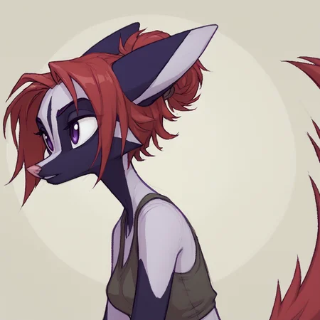 , <lora:Indi_and_Digo_Marallang:0.8>,
score_9,score_8_up,score_7_up,Indi_and_Digo,
1girl,solo,colored fur,pink and pruple,red hair,tail,portrait