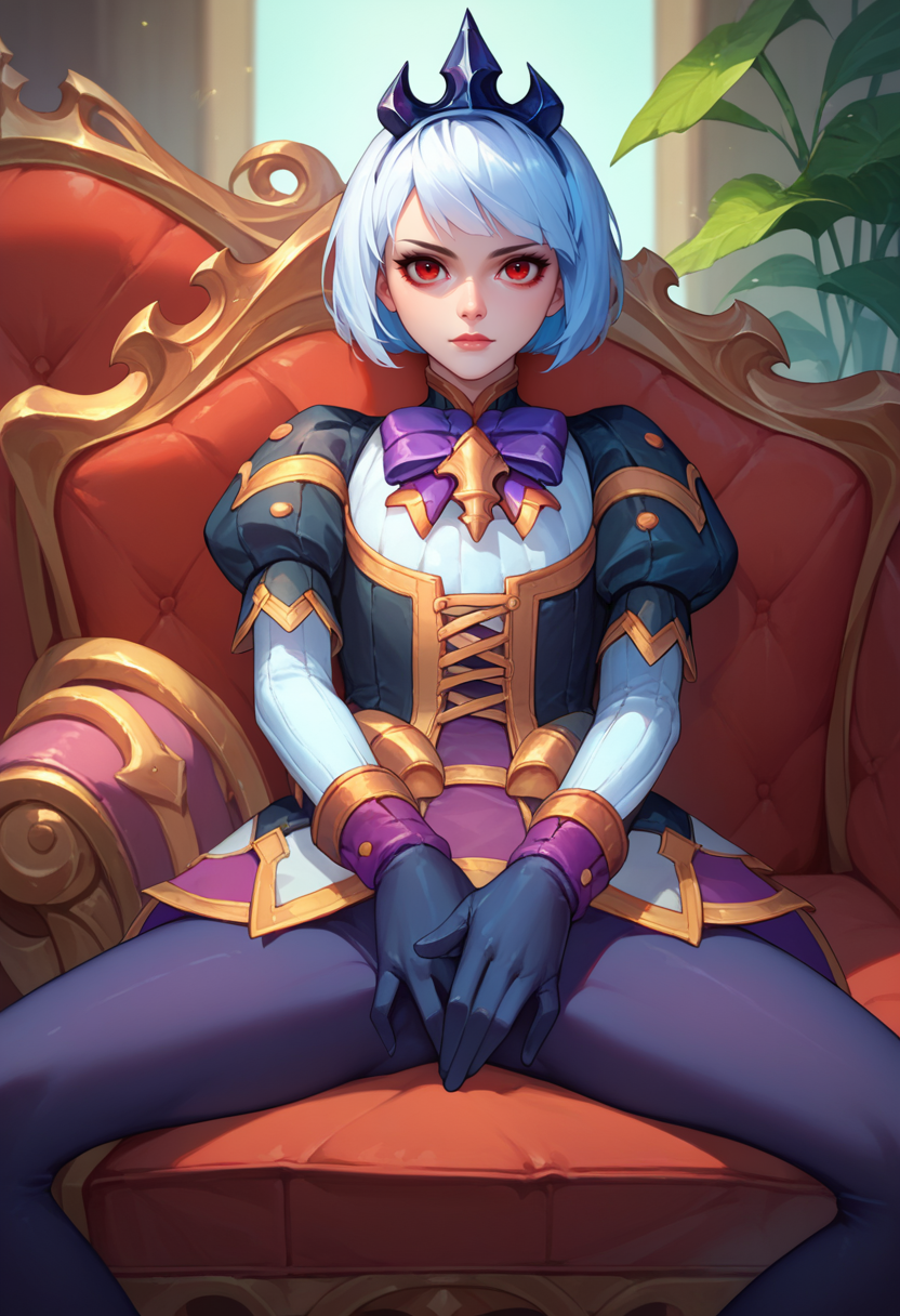 score_9, score_8_up, score_7_up, 1girl,  Orphea, tiara,  white hair, short hair, red eyes, gown, puffy sleeves, leggings, black gloves, purple bow, looking at viewer,  couch, sitting, spread legs, front view,     <lora:Orphea DORER:1>
