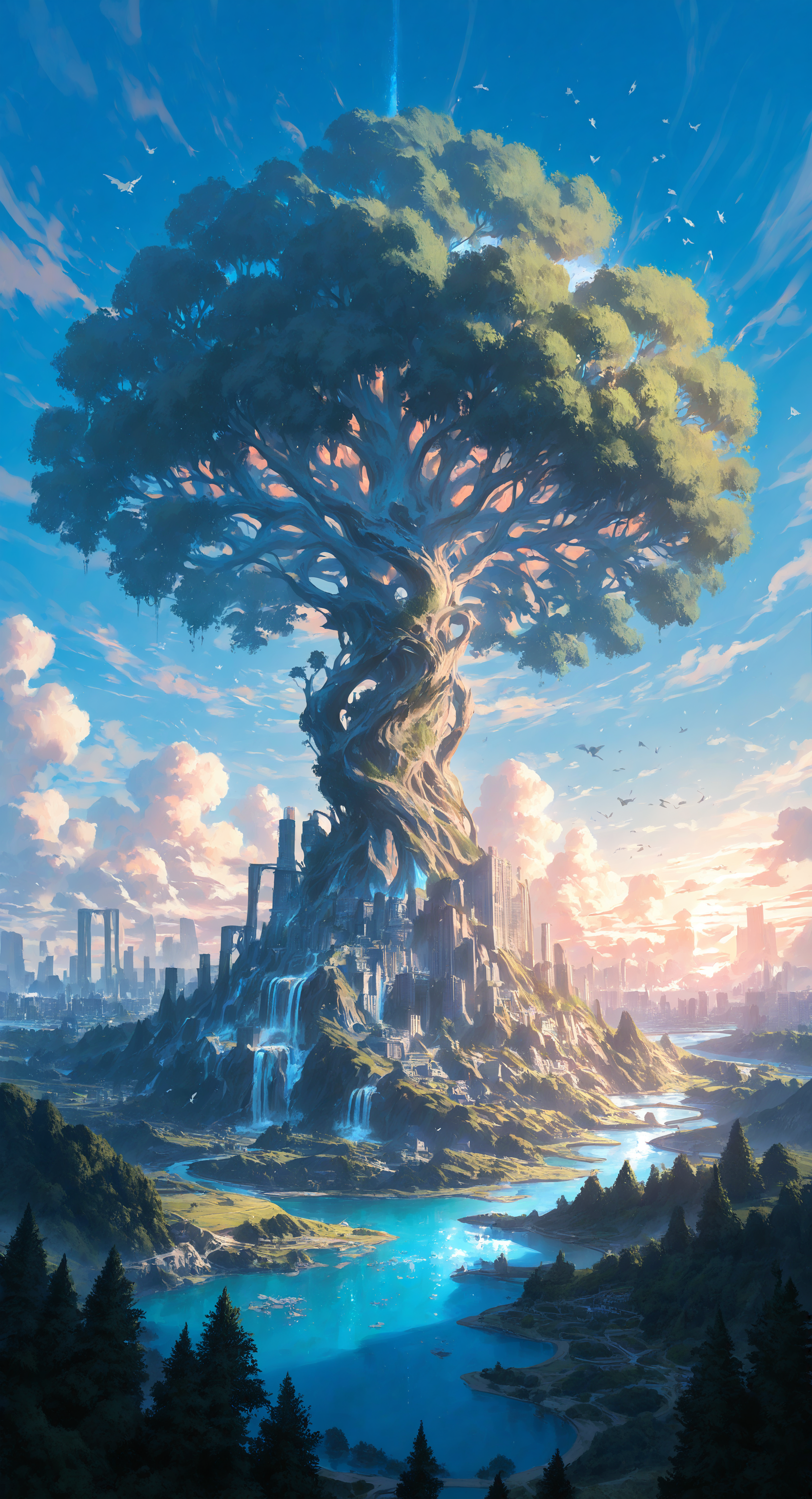 masterpiece, best quality, good quality, very awa, very aesthetic, absurdres, newest, bird, cityscape, cloud, day, giant tree, landscape, no humans, outdoors, planet, river, scenery, sky, surreal, tree, water, waterfall, sunrise, <lora:spo_sdxl_10ep_4k-data_lora_webui:0.6> <lora:ponyv4_noob1_2_adamW-000017:0.7> <lora:USNR_STYLE_XL_lokr:0.45>