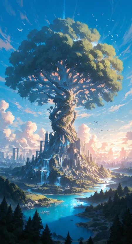 masterpiece, best quality, good quality, very awa, very aesthetic, absurdres, newest, bird, cityscape, cloud, day, giant tree, landscape, no humans, outdoors, planet, river, scenery, sky, surreal, tree, water, waterfall, sunrise, <lora:spo_sdxl_10ep_4k-data_lora_webui:0.6> <lora:ponyv4_noob1_2_adamW-000017:0.7> <lora:USNR_STYLE_XL_lokr:0.45>