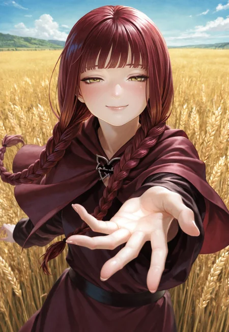 masterpiece, best quality, very aesthetic, highly detailed, detailed, absurdres, highres, newest, moyataro, 
1girl, solo, morgana_hifm, 
yellow eyes, half closed eyes, blush, happy, beautiful smile, glossy lips, red hair, twin braids, blunt bangs, 
capelet, head tilt,
blue sky, wheat field, 
reaching towards viewer, from above, 
film grain, cinematic lighting,
dynamic pose, depth of field, detailed background
