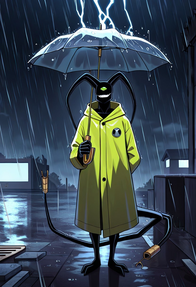 masterpiece, best quality, amazing quality, very aesthetic, absurdres, newest
feedback, solo, smile, , tail, 1boy, no humans, green eye, single eye, , digimon (creature), black skin, , alien, , , cables, , 
raincoat, holding umbrella, raining, heavy reain, dark sky, thunder, struck by thunder,