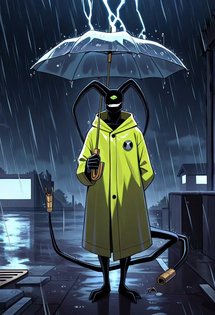 masterpiece, best quality, amazing quality, very aesthetic, absurdres, newest
feedback, solo, smile, , tail, 1boy, no humans, green eye, single eye, , digimon (creature), black skin, , alien, , , cables, , 
raincoat, holding umbrella, raining, heavy reain, dark sky, thunder, struck by thunder,