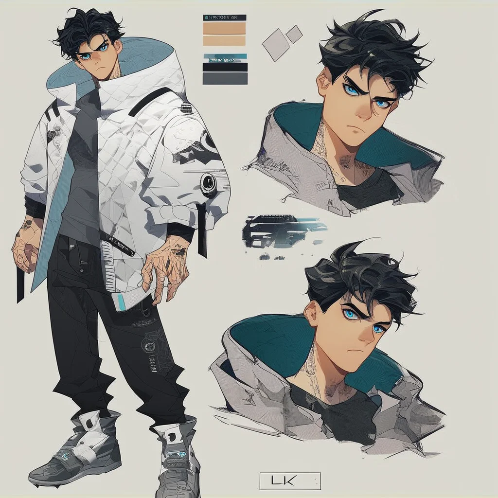 score_9, score_8_up, score_7_up, score_6_up, dynamic character design,  1boy, 20 year old, male focus, random hairstyle, black hair, lean athletic build, broad shoulders, jacket, hood, pants, ankle-boots, serious and cold expression, head tilt, perfectly balanced design, blue eyes, jawline, harsh citylight, standing, in a dystopian city, (cyberpunk aesthetic:0.6), modern, random pose, multiple views, random views, concept art, simple background