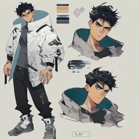 score_9, score_8_up, score_7_up, score_6_up, dynamic character design, 1boy, 20 year old, male focus, random hairstyle, black hair, lean athletic build, broad shoulders, jacket, hood, pants, ankle-boots, serious and cold expression, head tilt, perfectly balanced design, blue eyes, jawline, harsh citylight, standing, in a dystopian city, (cyberpunk aesthetic:0.6), modern, random pose, multiple views, random views, concept art, simple background