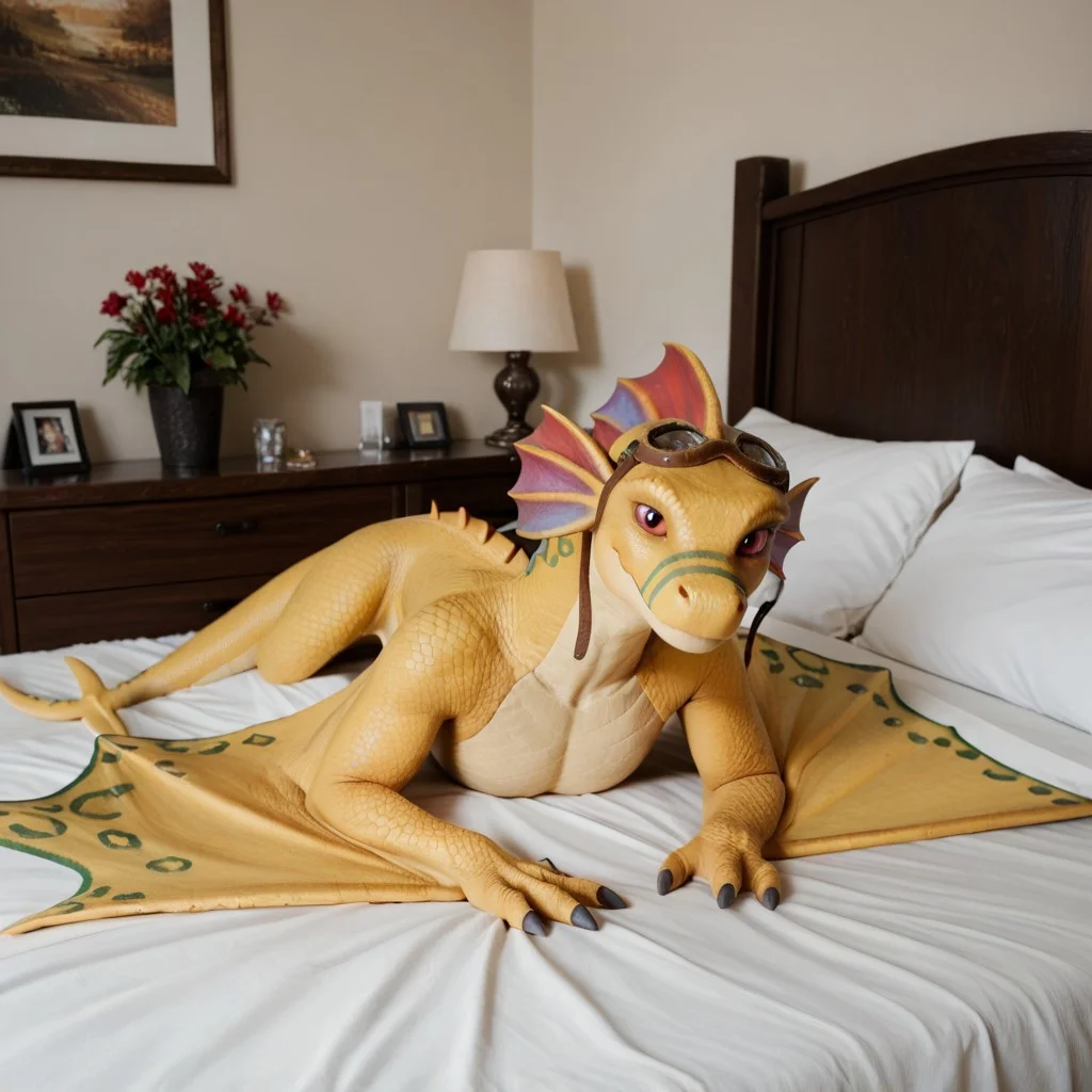 core_9, score_8_up, score_7_up, score_6_up, masterpiece, high quality, realistic, detailed, best quality, 1girl, solo, rating_safe, source_furry, bedroom, smiling, seductive, looking at viewer, lying on bed, negative_hand, on bed, Adine_awsw, (wyvern), green stripes on snout, head fins, crescent shaped tail tip, green spots on scales, green spots on wings, yellow scales, scales, wings, tail, female, red eyes, feral, goggles, goggles on head, full body