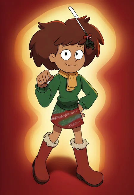 deadinsidestyle, channeboonchuy, , from above, , furry boots, plate skirt, , green jumper, , yellow scarf , christmas , candycane in hair, mistletoe in hair , solo