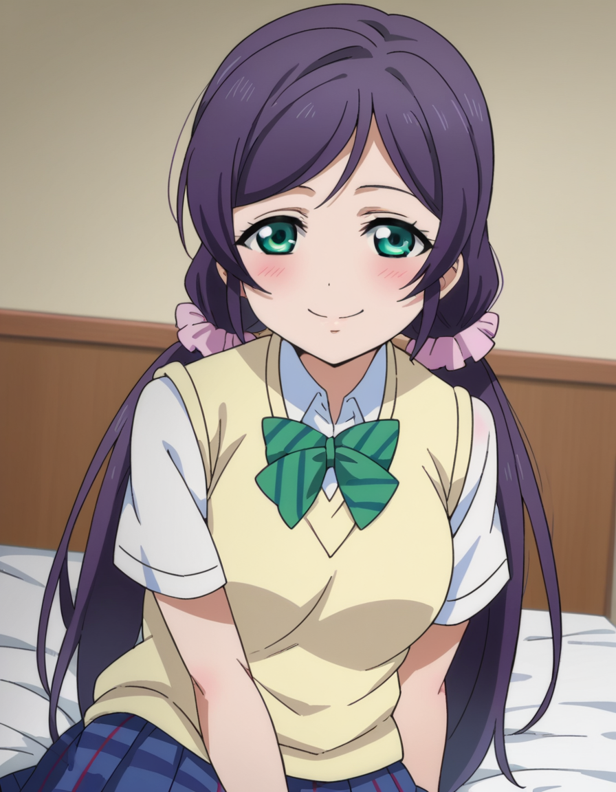 score_9, score_8_up, score_7_up, source_anime,
nozomitoujou, <lora:nozomi-toujou-ponyxl-lora-nochekaiser:1>
nozomi toujou, green eyes, purple hair, twintails, low twintails, scrunchie, long hair, smile,
otonokizaka school uniform, pleated skirt, school uniform, short sleeves, skirt, summer uniform, sweater vest, yellow sweater vest,
indoors, bed, bed room, on side, blush, drunk,
looking at viewer, cowboy shot, dutch angle,