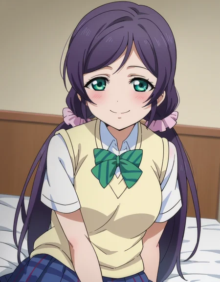 score_9, score_8_up, score_7_up, source_anime,
nozomitoujou, <lora:nozomi-toujou-ponyxl-lora-nochekaiser:1>
nozomi toujou, green eyes, purple hair, twintails, low twintails, scrunchie, long hair, smile,
otonokizaka school uniform, pleated skirt, school uniform, short sleeves, skirt, summer uniform, sweater vest, yellow sweater vest,
indoors, bed, bed room, on side, blush, drunk,
looking at viewer, cowboy shot, dutch angle,