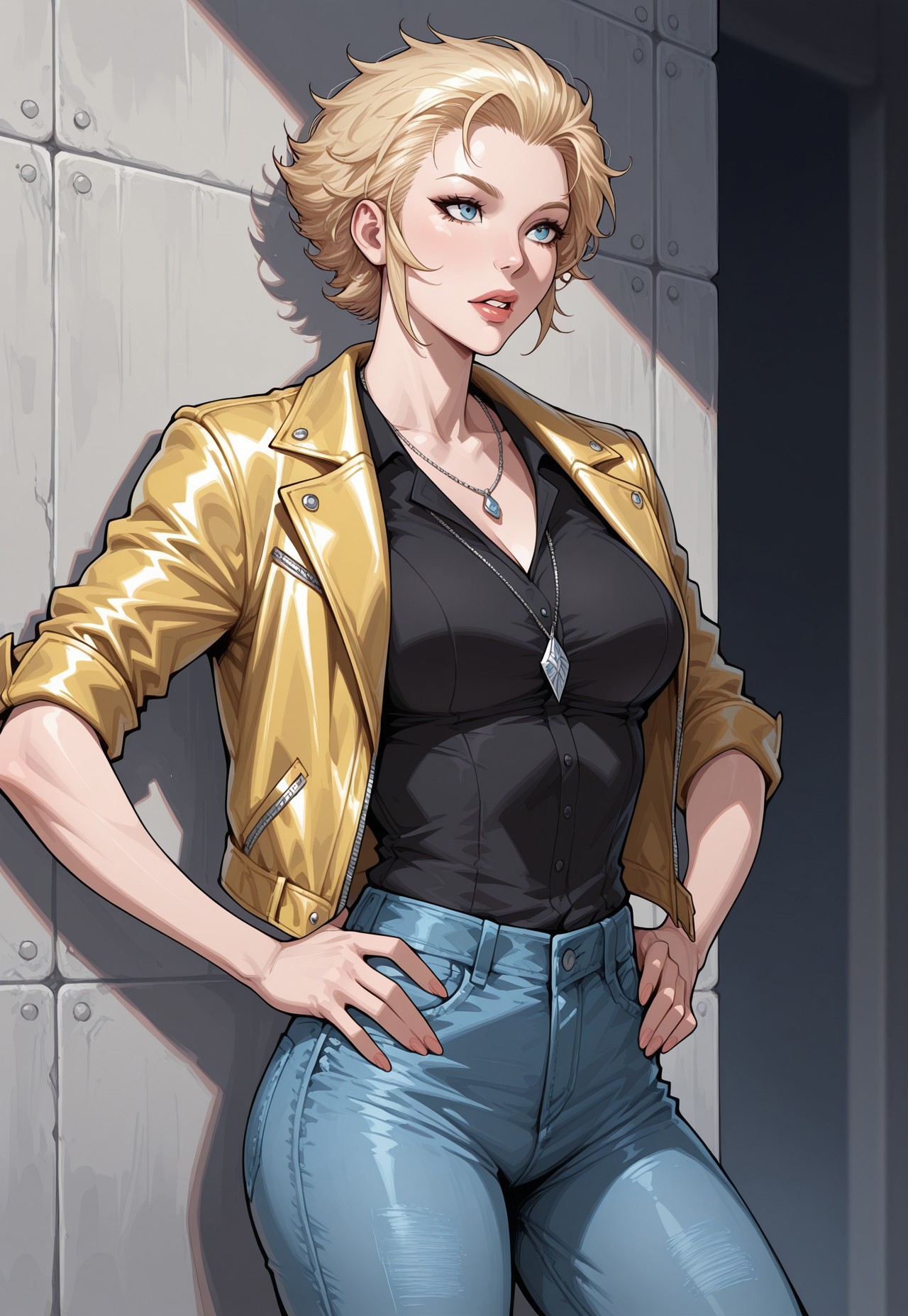 masterpiece, best quality, detailed, realistic, cowboy shot, parted lips, 1girl, solo, outruninv, short hair, blonde, lips, yellow jacket, sleeves rolled up, black shirt, denim, jeans, necklace, hands on hips,