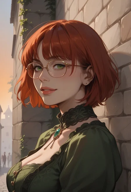 score_9,score_8_up,score_7_up,score_6_up,score_5_up, masterpiece, best_quality, ultra-detailed, from side, close up, face focus
BREAK
1girl, solo, short red hair, bangs, green eyes, aviator glasses, large breasts, standing, smiling, green victorian dress
BREAK
garden, stone wall, cobblestones, sunset, orange sky