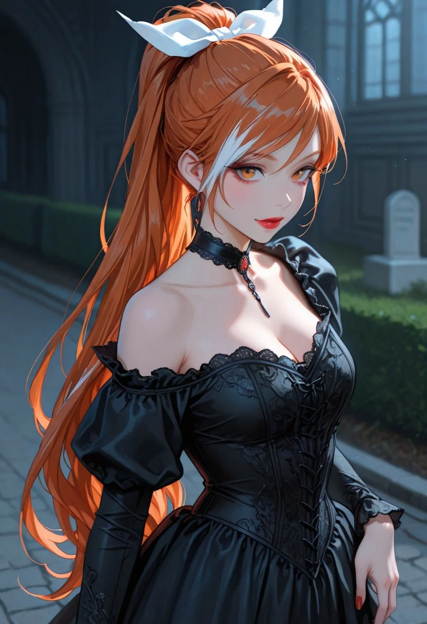 ultra realistic, masterpiece, high detailed skin, best quality, high res, very aesthetic, absurdres, anime style, studio anime, source_ecchi, anime, ((ecchi)), (nsfw), (finely detailed face), (petite body:1.3), <segment:yolo-Anzhc Face seg 640 v2 y8n.pt,0.4,0.5//cid=1>, h1me, streaked hair, orange hair, white hair, high ponytail, hair bow, white bow, orange eyes, round opulent breats, makeup, smokyeyes, lash, mascara, bright red lipstick, fingernails, nail polish, red nails, 1 girl, 1 woman, RAW photo, subject, 8k uhd, dslr, soft lighting, high quality, film grain, Fujifilm XT3, (sharp focus:1.1), (looking at viewer:1.1), gorgeous, beautiful, elegant, 18 year old, (goth:1.2) girl, misty night, Victorian cemetery, bun hairstyle, pale skin, (long sleeve Victorian black dress:1.2), (bare shoulder:1.2), choker, cleavage, white make up, mascara, (melancholic:1.0), coquettish, full body shot, (((ecchi))) blurry background, soft ambient glow, dramatic scenery, intricate details, (blurry background, depth of field:1.1),