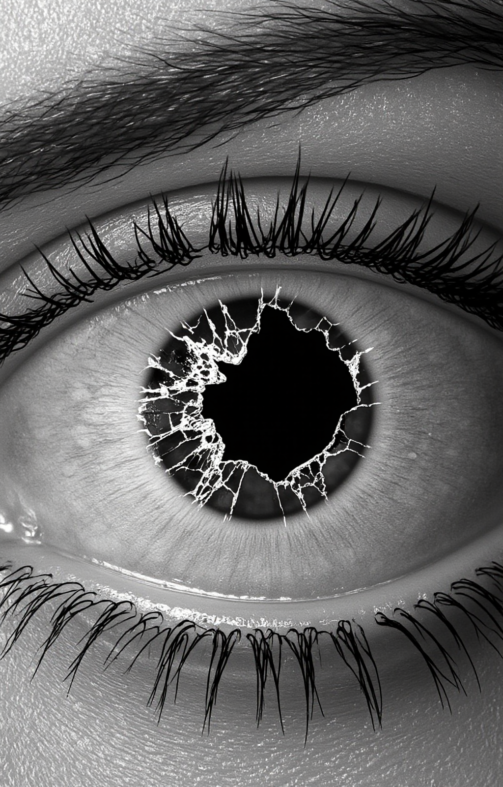 black-and-white photograph captures an extremely close-up view of a human eye, with a shattered glass pane directly centered within the pupil. The eye is framed by thick, detailed eyelashes that are meticulously rendered, showing individual strands with a high level of realism. The iris and pupil are rendered in fine detail, with the shattered glass pane appearing as a dark, jagged hole in the center. The glass fragments are depicted with sharp, angular edges, some of which are still intact, while others have splintered into smaller pieces, creating a chaotic, chaotic pattern of cracks and shards. The eye itself is surrounded by skin that is textured with fine lines and pores, adding a realistic, tactile feel to the image. The background is blurred, focusing the viewer's attention on the eye and the shattered glass. The photograph is high in contrast, with the black-and-white palette emphasizing the sharpness of the glass and the delicate textures of the eye. The overall mood is intense and dramatic, capturing a moment of vulnerability and fragility., <lora:aidmaImageUpraderv0.3:0.4>, aidmaimageupgrader, <lora:diffusion_pytorch_model:1>, <lora:aidmaMJ6.1_v0.5_3:0.7>, aidmaMJ6.1, ultra quality, ultra detailed, intricate details
