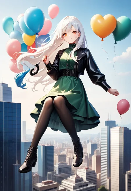 (masterpiece), (score_9, score_8_up, score_7_up,source_anime), best quality, ultra-detailed,24K, illustration, (Uncorrected), CG,
Latex, girl, holding umbrella,
Multiple balloons, huge balloon, (heart-shaped ballons:1.2).
(Girl sitting on balloons, floating, white hair, ultra-long hair, amber eyes, ultra-detailed eyes:1.2), green dress, jacket, pantyhose, leather shoes,
in Rooftop of Skyscraper, modern city, Skyscraper,