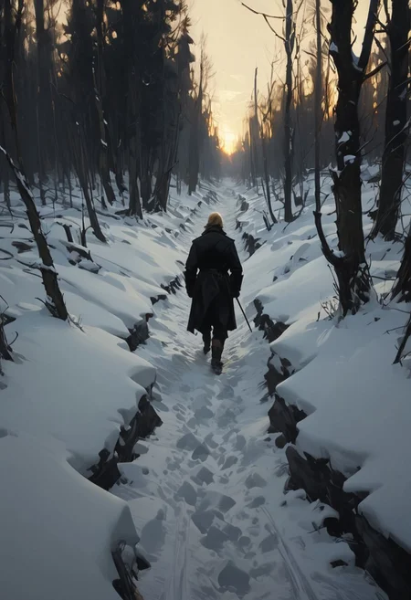 (Soft Lighting Photography by Mimoza Veliu and Mario Giacomelli:1.2), 
Bloody trail through snow, cartoon, 
side soft light, Dark environment, black over black, highly detailed, masterful painting in the style of Anders Zorn and Aleksi Briclot, oil on canvas,