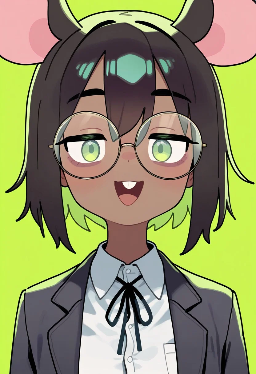 masterpiece, best quality, very aesthetic, high resolution, ultra-detailed, absurdres, newest, extremely detailed eyes, beautiful, perfect lighting, hi res, amazing quality, very awa, Brittle_ST, 1girl, animal ears, glasses, dark skin, green eyes, round eyewear, open mouth, dark-skinned female, colored inner hair, looking at viewer, mouse ears, white shirt, short hair, buck teeth, collared shirt, upper teeth only, green background, black hair, bangs, portrait, green hair, multicolored hair, ribbon, jacket, smile, two-tone hair, brown hair, hatched style