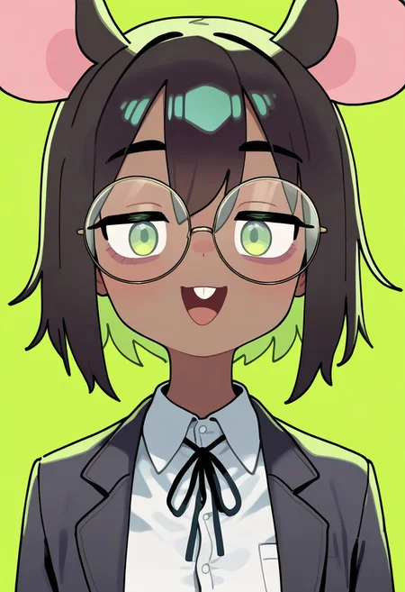 masterpiece, best quality, very aesthetic, high resolution, ultra-detailed, absurdres, newest, extremely detailed eyes, beautiful, perfect lighting, hi res, amazing quality, very awa, Brittle_ST, 1girl, animal ears, glasses, dark skin, green eyes, round eyewear, open mouth, dark-skinned female, colored inner hair, looking at viewer, mouse ears, white shirt, short hair, buck teeth, collared shirt, upper teeth only, green background, black hair, bangs, portrait, green hair, multicolored hair, ribbon, jacket, smile, two-tone hair, brown hair, hatched style
