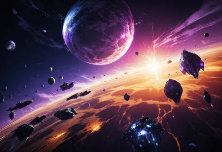space battle between two fleets, on the background of a gas giant. many ships and explosions. space anomalies. [Carne Griffiths],[Conrad Roset],((migrainzxxl)) [Brian Kesinger] cinematic lighting, highly detailed, breathtaking,high resolution, colorful accent colors,