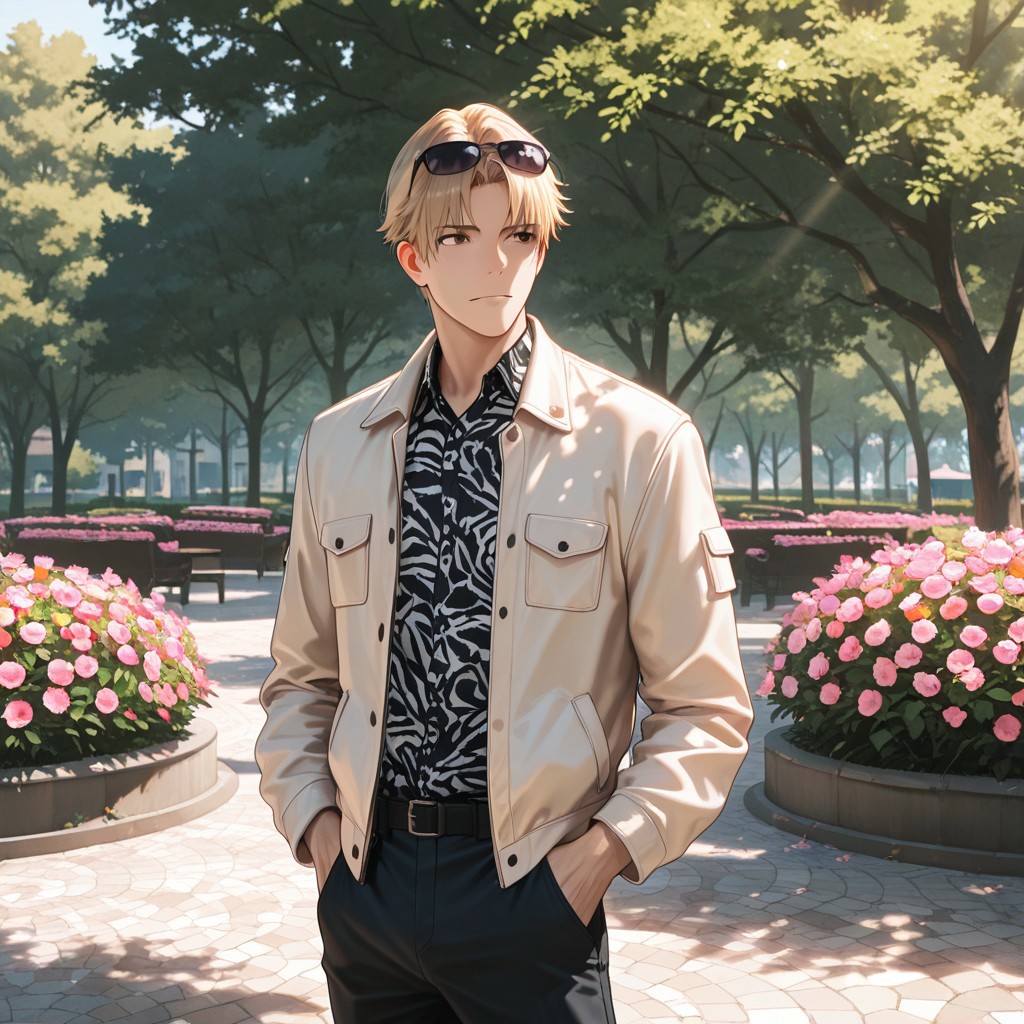 masterpiece, best quality, amazing quality, absurdres, newest, detailed background, definition so sharp, Ultra-HD, 8K cinematic, very awa, impressionate, amazing quality, highres, 
solo, male focus, manly, 
1boy, short hair, izumo_blonde, izumo_brown eyes, izumokusanagi, sunglasses \(on head\), stylish outfit, light jacket, patterned shirt, urban park, daytime, sunlight, dappled light, blooming flowers, pleasant atmosphere, approachable, laid back, standing, hands in pockets, confident posture,
