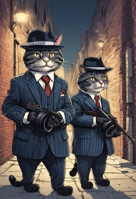 three cartoon cats wearing striped suits and fedoras in an alleyway with machine guns, tmmygn, cartoon, mafia, mobsters,