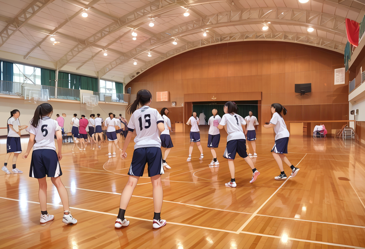 score_9, score_8_up, score_7_up, rating_safe, masterpiece, best quality, absurdres, unity 8k wallpaper, official art, official style, source_anime, uncensored, game cg, megami magazine,
taiikukan, indoors, sportswear, multiple girls, indoors, photo background, shorts, ball, 6+girls, ceiling light, black hair, ceiling, stage, wooden floor, gym uniform, sportswear, 
 <lora:gakkou_taiikukan_PONY_V1:1>