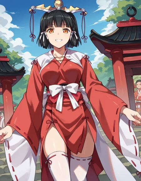 score_9, score_8_up, score_7_up, source_anime,
kuroinukaguya, <lora:kuroinu-kaguya-ova-ponyxl-lora-nochekaiser:1>,
kaguya, black hair, orange eyes, hime cut, short hair,
thighhighs, japanese clothes, miko, headdress,
outdoors, shrine, smile,
looking at viewer, cowboy shot, dutch angle, solo,