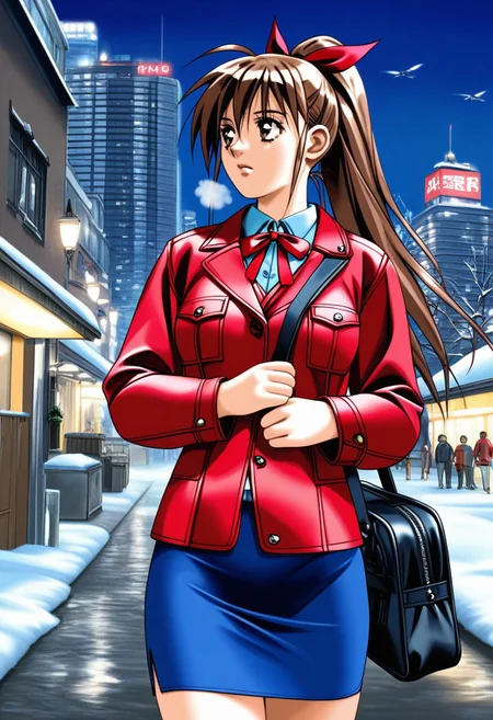 score_9, score_8_up, score_7_up, source_anime, rating_safe, uncensored, intricate details, high res image, masterpiece, best quality, ultra detailed eyes, BREAK 1girl, solo, TanakaMisa_DK2, long hair, ponytail, brown hair, brown eyes, hair ribbon, red ribbon, medium breasts, red jacket, pencil skirt, miniskirt, blue skirt, black duffel bag, cowboy shot, outdoor, noon, winter, Tokyo city, building, station, bus, looking away, looking afar, heavy breathing