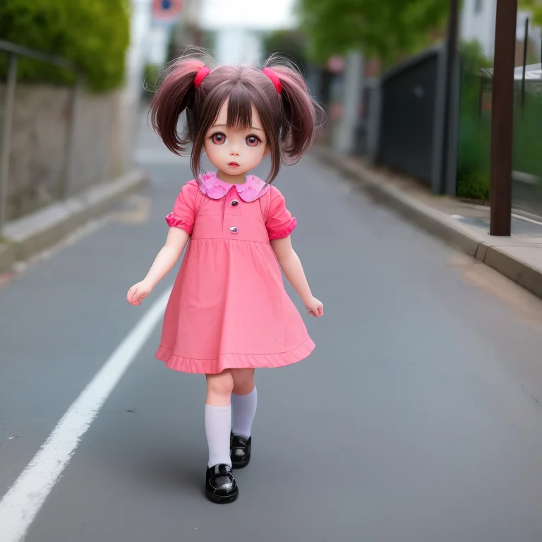 cartoonish_doll, cute little 5 years old girl walking in the street, masterpiece, 4k, sharp focus,