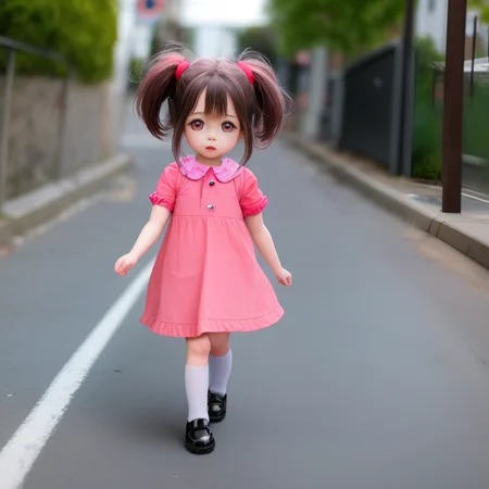cartoonish_doll,  cute little 5 years old  girl walking in the street,  masterpiece, 4k,  sharp focus,