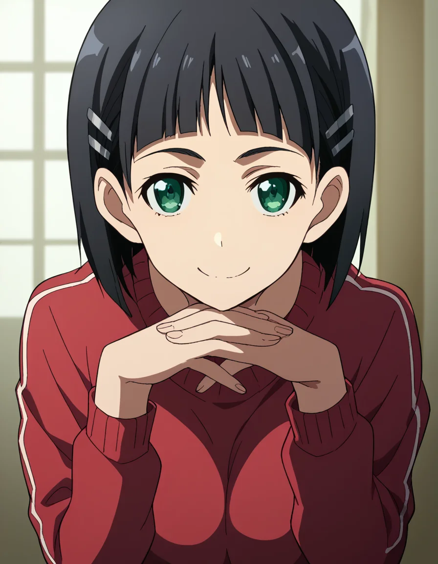 score_9, score_8_up, score_7_up, source_anime, suguhakirigaya, <lora:suguha-kirigaya-s1-ponyxl-lora-nochekaiser:1>, suguha kirigaya, short hair, black hair, hair ornament, hairclip, green eyes, large breasts,, <lora:gendou-pose-ponyxl-lora-nochekaiser:1>, gendou pose, own hands clasped, own hands together, parody,, indoors, smile,, cowboy shot, dutch angle, looking at viewer,