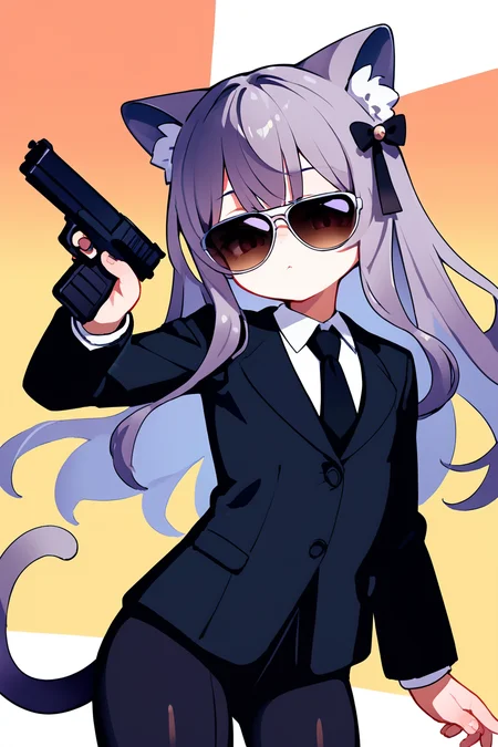 (score_9,score_8_up,score_7_up), shiny skin, 1girl, <lora:Milk_PonyXL_v1:1>, cat ears, animal ear fluff, long hair, light purple hair, grey hair, brown hair, hair bow, pom pom hair ornament, cat tail, suit, blazer, black necktie, flat chest, sunglasses, holding gun, handgun,