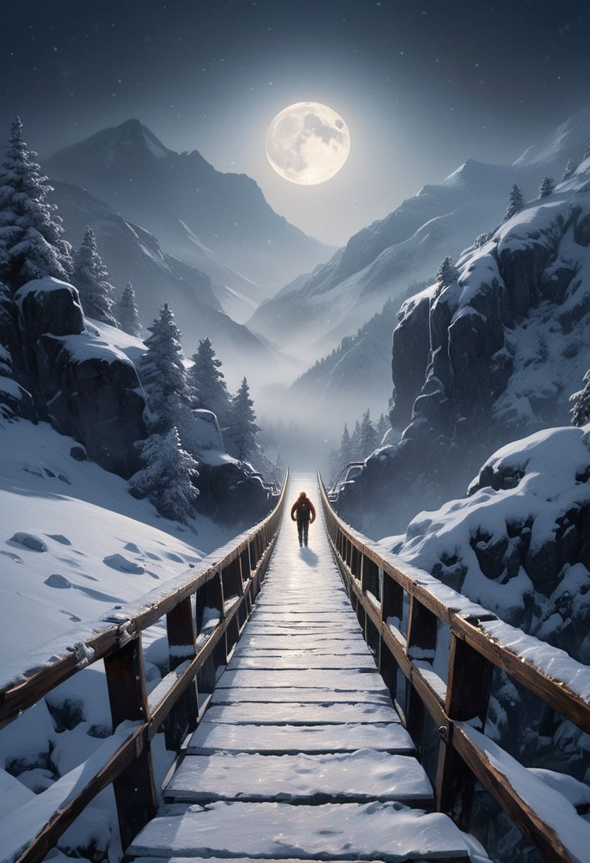 (medium full shot) of (medium full shot , slightly above) of mountain climber crossing a snowy bridge, detailed face, located in a winter scene at a icy sleigh ride path during evening with misty weather, illuminated by moonlight reflecting on snow, creating a wondrous atmosphere, ,Masterpiece,best quality, photo, realistic, very aesthetic