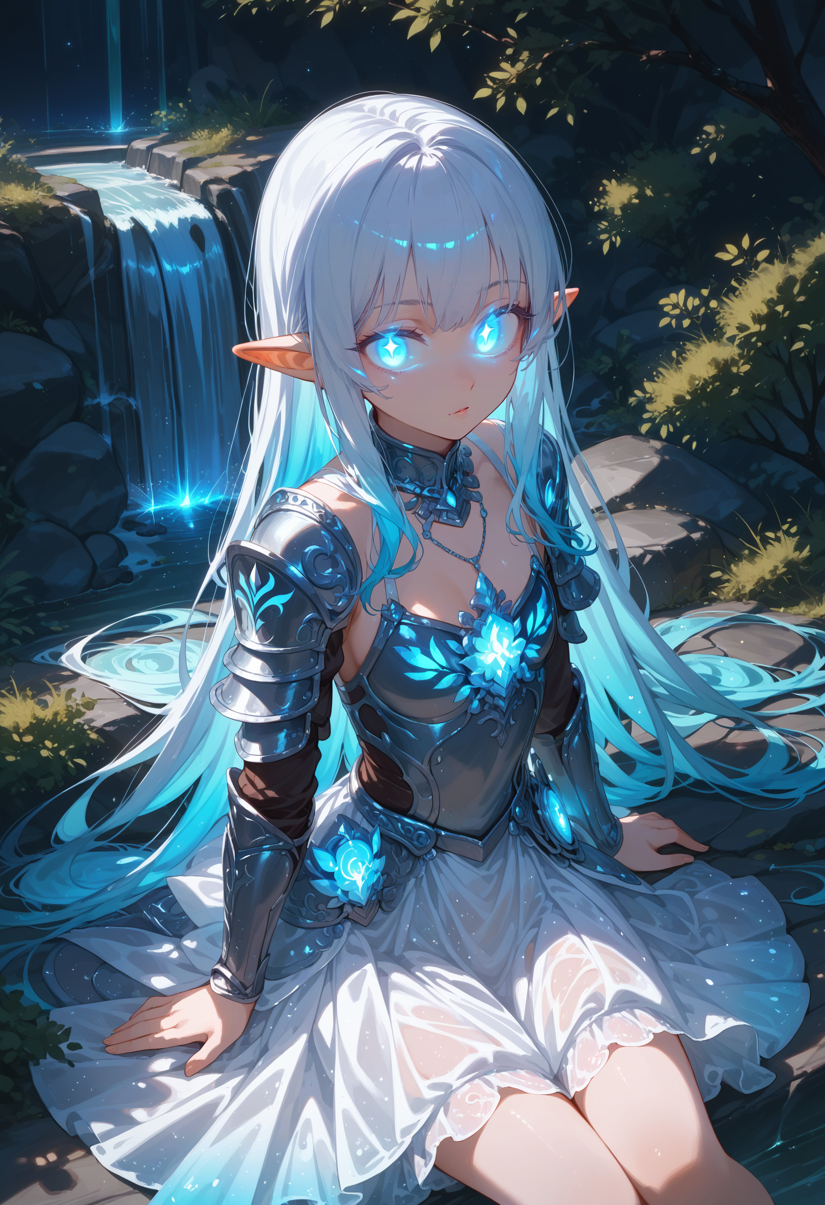 (score_9,score_8_up,score_7_up,),
1girl, girl knight, beautiful detailed eyes, glowing eyes, blunt bangs, gradient hair, pointy ears, [pearl:opal:0.5] armor, armored dress, 
waterfall, scenery, outdoors, wariza, sitting, from above, looking at viewer,
detailed Illustration, official artwork, wallpaper, official art, night, dappled moonlight,
<lora:bioluminescent_dress-PD-1.0-full:0.4> bioluminescent dress,
<lora:detailed_backgrounds_v2:0.4>
<lora:IOS_Iridescent_opal_style:0.4>
<lora:absurdres_quality:0.4> masterpeice, best quality, very aesthetic, absurdres